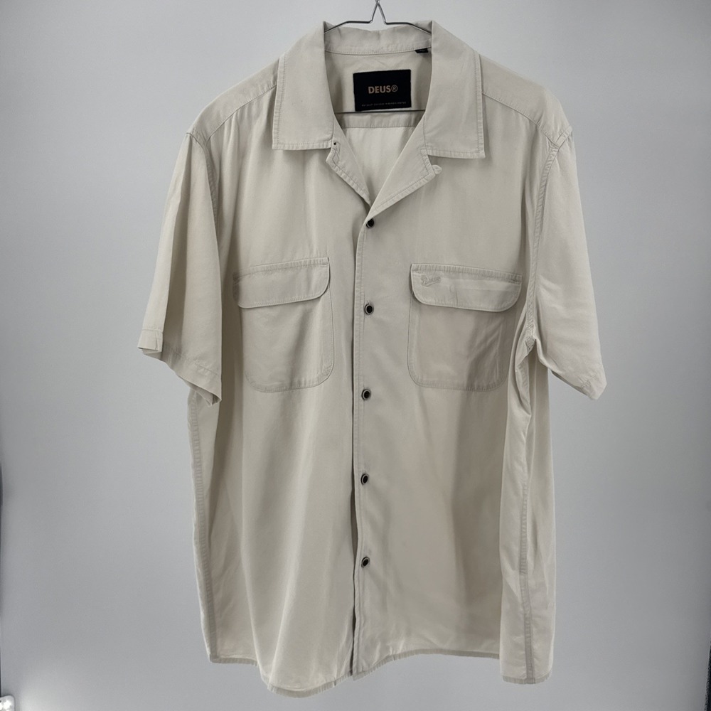 Deus Ex Machina Shirt Mens XL Kingpin SS Button Front Beige Casual Motorcycle